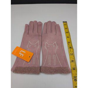 LF Gloves Womens Pink Cat Embroidered Fleece Top Warm Soft Cozy Touchscreen NEW